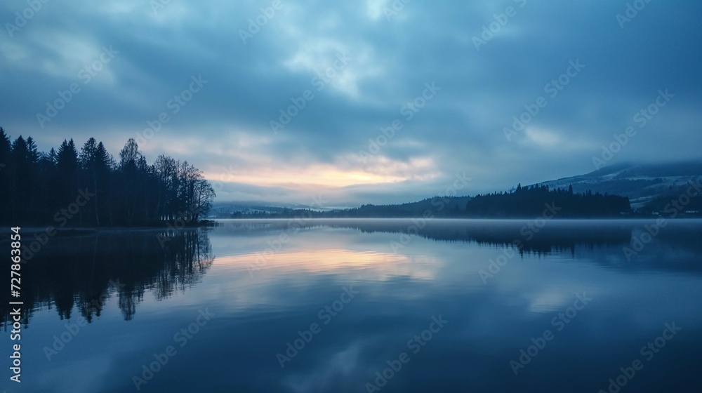 Fototapeta premium Tranquil Reflections: Serene Lake Mirroring the Sky