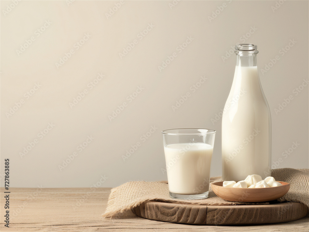 Bottle and glass of milk on wooden table Bottle and glass of milk on wooden table