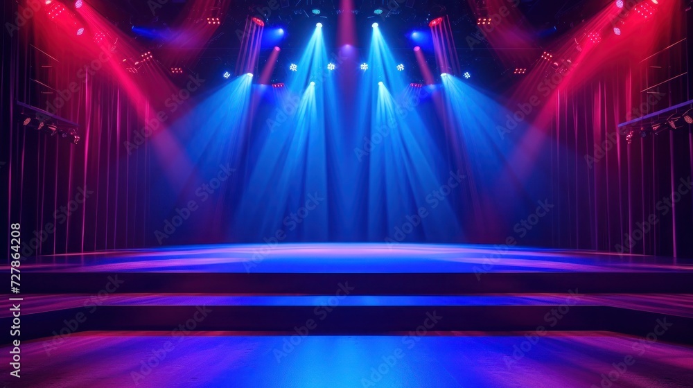 Empty modern stage with bright background for performance, stage lighting with spotlights for theater performance - obrazy, fototapety, plakaty 