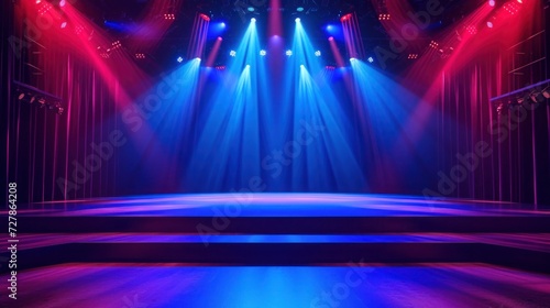Empty modern stage with bright background for performance, stage lighting with spotlights for theater performance photo