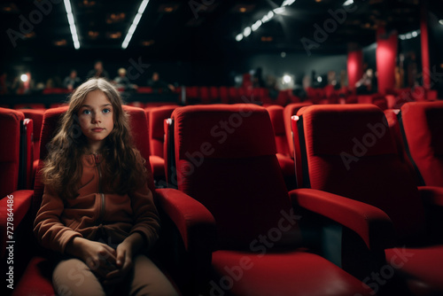 Young girl watching a film in the movie theater with comfortable chairs, entertainment and cinema concept, banner with copy space. Generative AI