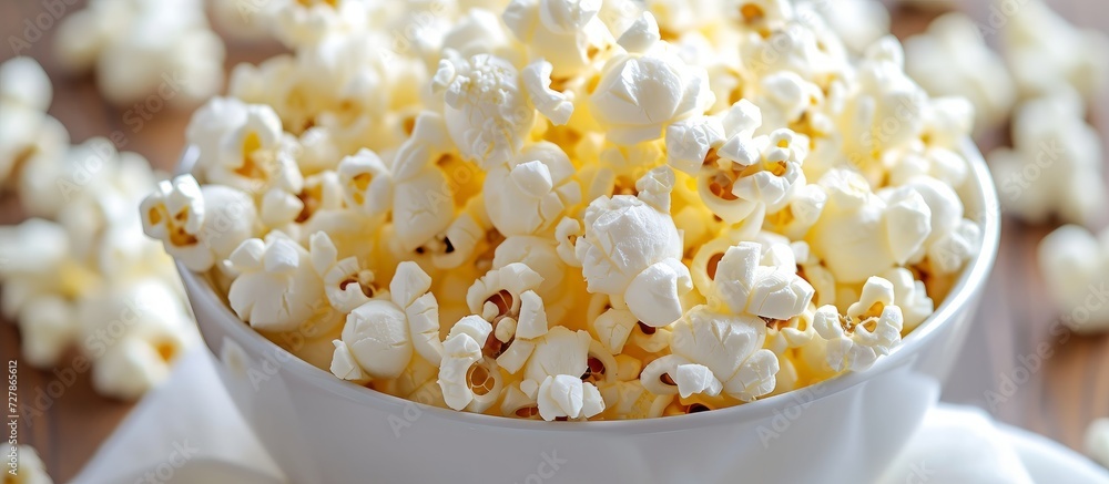 Fresh Popcorn Poured into a Crisp White Bowl - A Burst of Freshness with Popcorn in a White Bowl - A Tempting Display of Fresh Popcorn in a White Bowl Fresh Popcorn Poured into a Crisp White Bowl - A Burst of Freshness with Popcorn in a White Bowl - A Tempting Display of Fresh Popcorn in a White Bowl