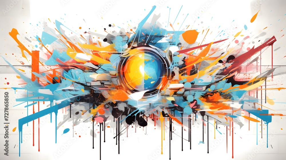 an abstract painting of a ball surrounded by paint splatters
