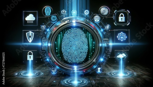futuristic fingerprint scanning system with glowing blue light emission trail