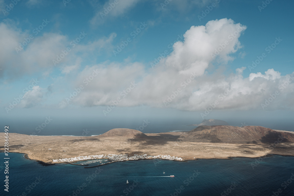 Panoramic view of island and ocean from Mirador del Río in Lanzarote island, Spain