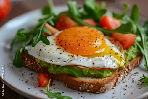 A close-up of a gourmet avocado toast topped with a perfectly fried egg Healthy Breakfast. Egg and Avocado Toast