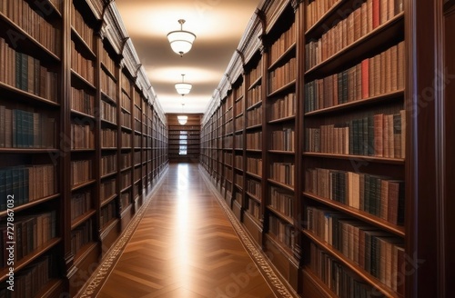 A long corridor with books. An old library with paper books on the shelves.