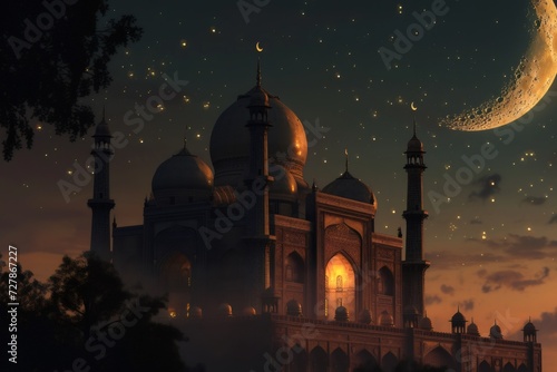 Ramadan's celebration background with Mosque and crescent moon at night