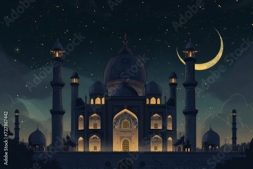 Ramadan's celebration background with Mosque and crescent moon at night © Aulia
