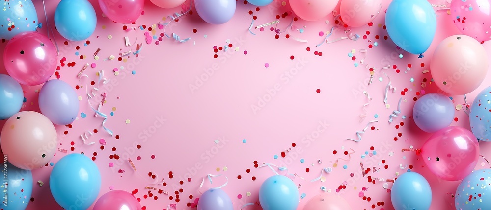 Birthday Balloons & Confetti Flat Lay on Pink

