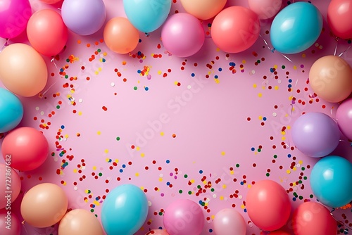 Birthday Balloons   Confetti Flat Lay on Pink  