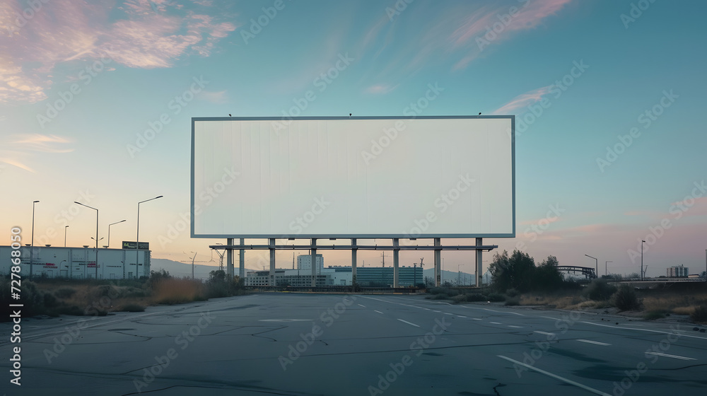 Blank white empty paper board frame billboard sign on the road highway for ad advertising with copy space for text on the city street, outdoor business announcement promotion concept