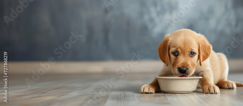 Close up puppy eating food on gray background with copyspace, concept of pet care, animal behavior, banner with copy space photo