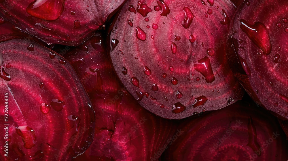 Fresh beetroot slices close up with water drops. Fresh beetroot slices close up with water drops.