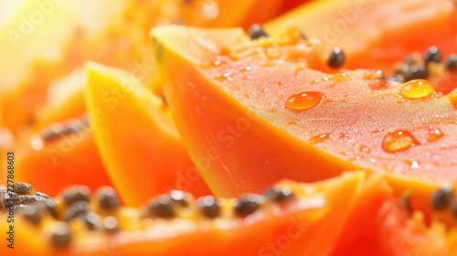 Ripe papaya slices with glistening water drops, vibrant orange and fresh.