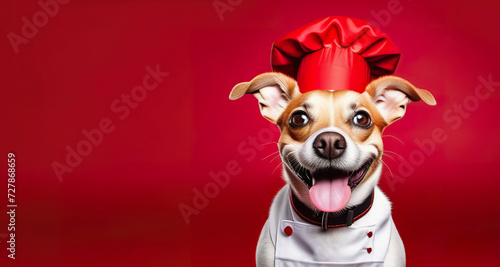 Funny dog wearing a chef's hat on a bright red background. Generated AI © Elena