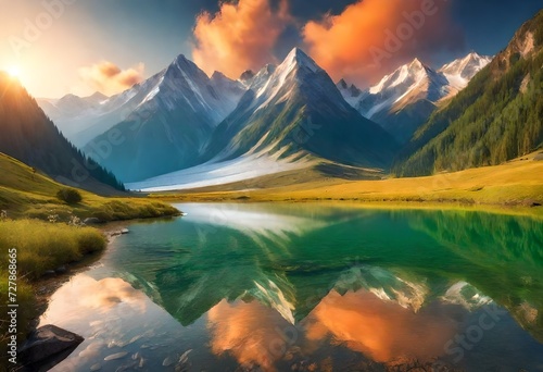 Serene Mountain Landscape: Breathtaking Nature Scenes Stock Photo with Snow-Capped Peaks, Green Valleys, and Crystal-Clear Rivers at Sunset, sunset in the mountains