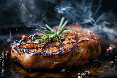 Juicy grilled steak with rosemary and smoked pepper