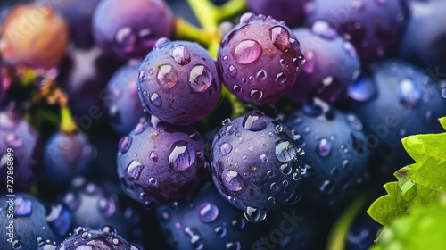 Plump grapes with water droplets, rich purple and green colors.