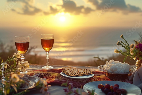 Passover Seder with wine and matzah, Pesah celebration concept photo