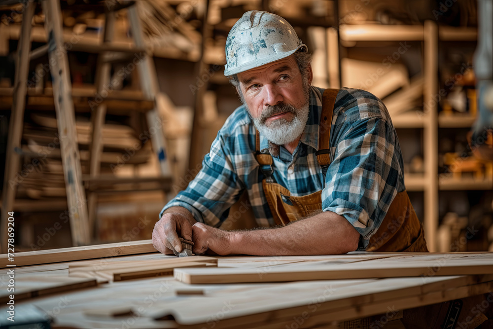 Mature male carpenter planning his work at carpentry Mature male carpenter planning his work at carpentry