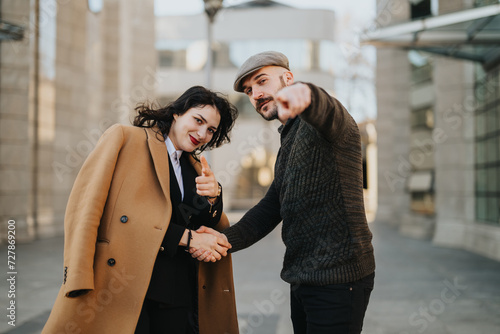 A fashionable man and woman holding hands, showing affection with a modern cityscape background. The image exudes happiness, connection, and style.
