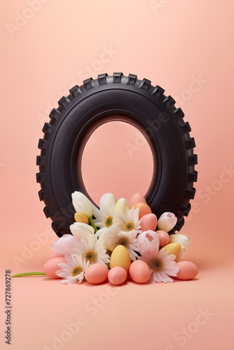 Car tyre in shape of an egg with white daisies and tulips, and colorful Easter eggs isolated on a seamless pastell pinkish-orange background