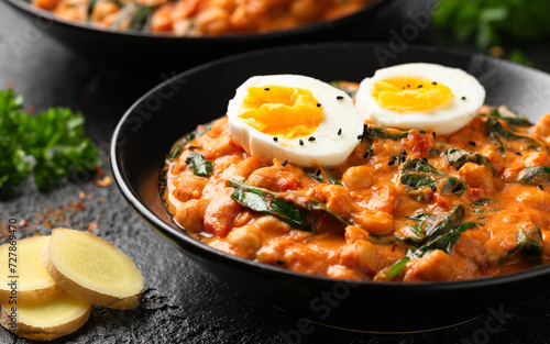 Chickpea, spinach, tomato and egg curry. Healthy food.
