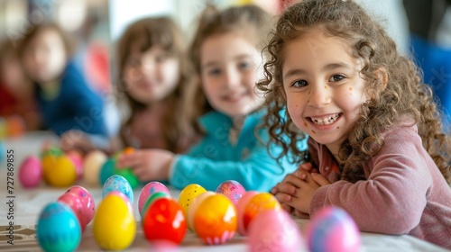 Kids with beaming smiles as they showcase their Easter egg creations in a friendly and festive egg-decorating contest