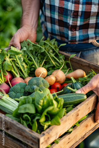 Close Up Of Man On Allotment Holding Box Of Home Grown Vegetables