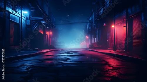 a dark alley way with red and blue lights photo