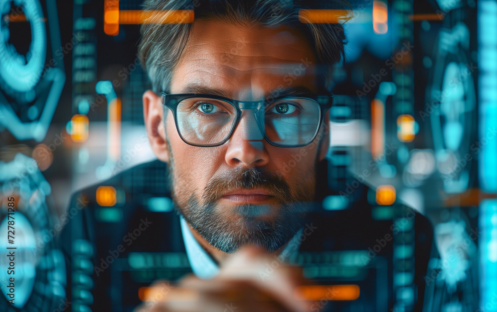 Businessman in glasses looking at digital virtual screen and analyzes commercial indicators. Finance and analytics.