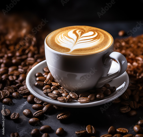 A cup of fresh cappuccino amid coffee beans © dkimages