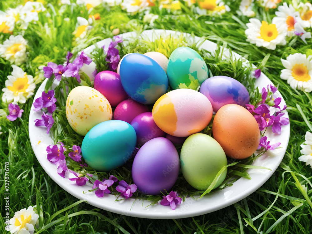 Colorful easter eggs in a plate on green grass with flowers Colorful easter eggs in a plate on green grass with flowers