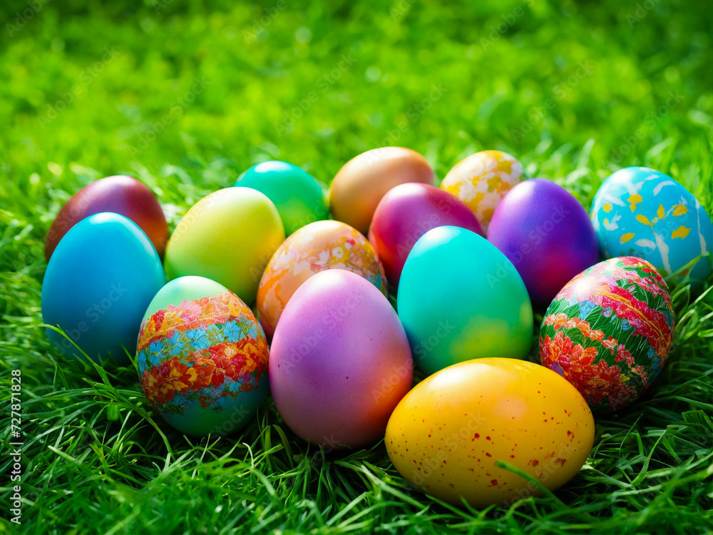Brightly colored Easter eggs scattered among lush green grasses