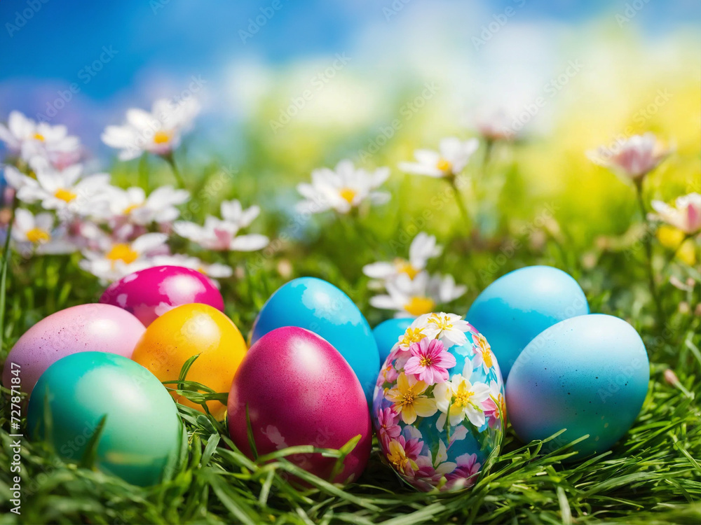 Brightly colored Easter eggs scattered among lush green grass and flowers