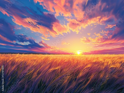 Sunset wheat field, epic scene