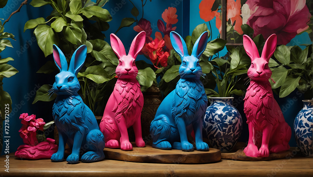 Obraz na płótnie Kolorowe figurki królików w dekoracyjnej aranżacji wnętrza w salonie