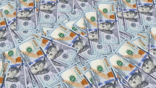 100 dollars bills close-up, rotating background in a pile of hundreds of american US dollars.