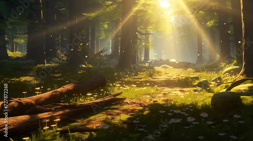 wonderful relaxing epic morning scenery in a forest  sun shining through