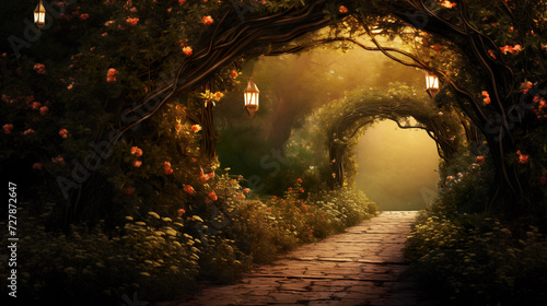 a beautiful relax calm asian inspired fairytale path in a forest with a nature door