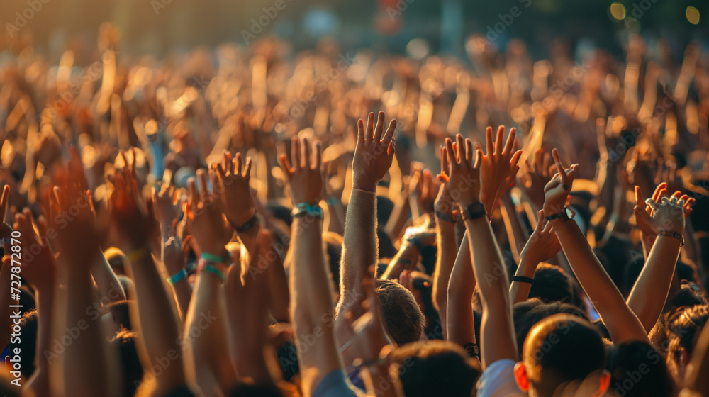 A lively gathering of people raising hands in a sunlit meadow, celebrating with music, dance, and cheerful camaraderie under a clear sky - obrazy, fototapety, plakaty 