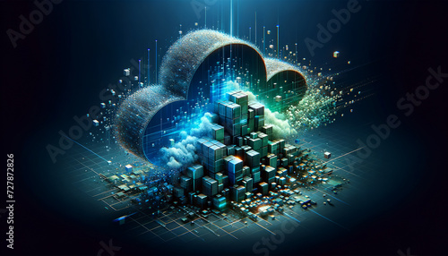 Dynamic Cloud Architecture: Futuristic digital disintegration with controlled transformation.