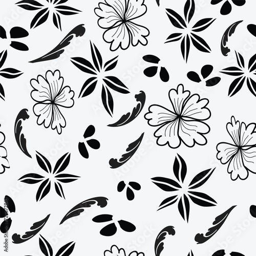 Black and white floral seamless pattern. Vector graphic illustration for fashion t shirt, textile design, all over printing. 