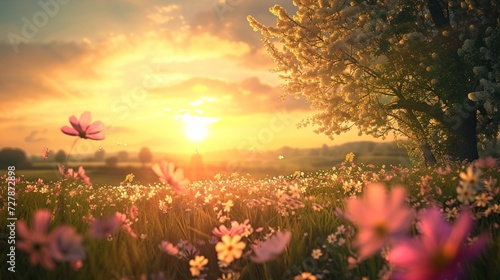 A high-definition image of a picturesque Easter sunrise, casting a warm glow over a tranquil meadow filled with blooming flowers © Ateeq