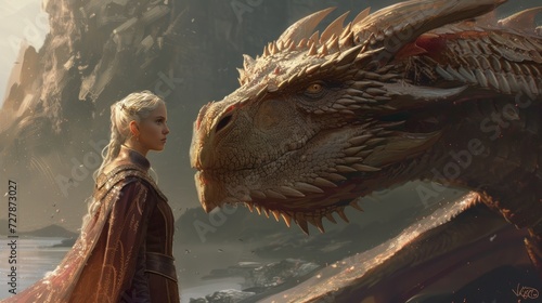 Illustration of a female princess with a wild dragon AI generated image