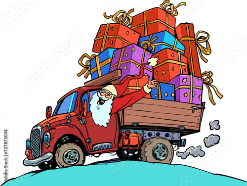 Worldwide gift delivery from best service. The atmosphere of December and the upcoming holidays. Santa Claus is driving his car with gifts and waving.