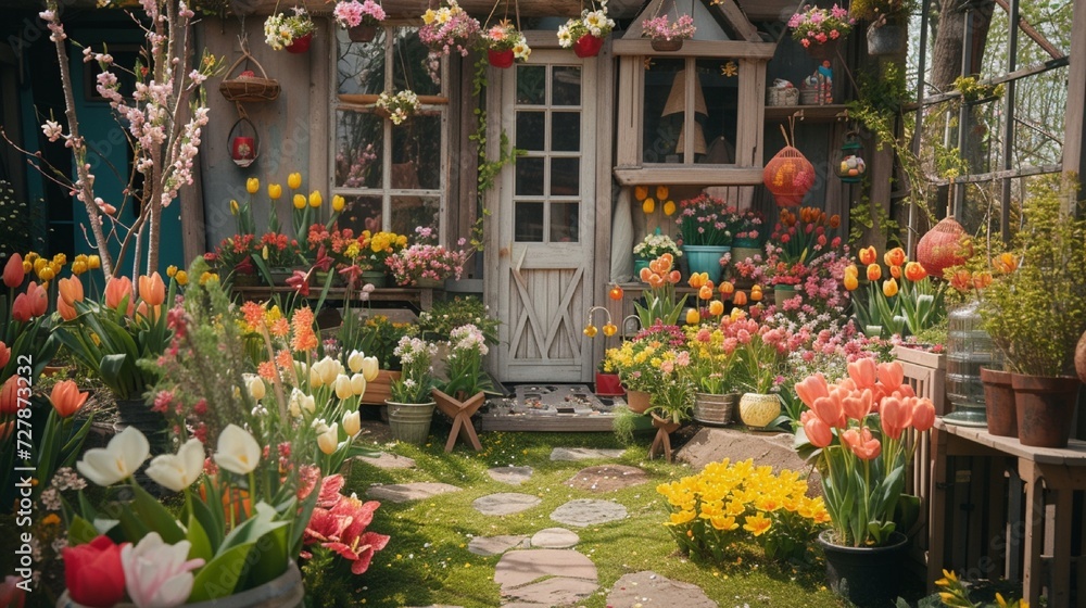 A picturesque garden filled with blooming flowers and Easter decorations, creating a serene and festive atmosphere