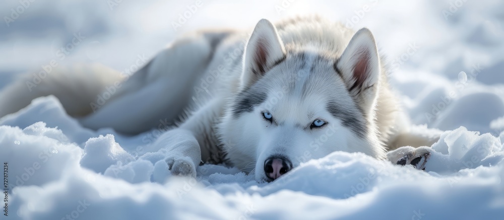 Mesmerizing Siberian Husky Lies Gracefully Amidst Blanket of Snow