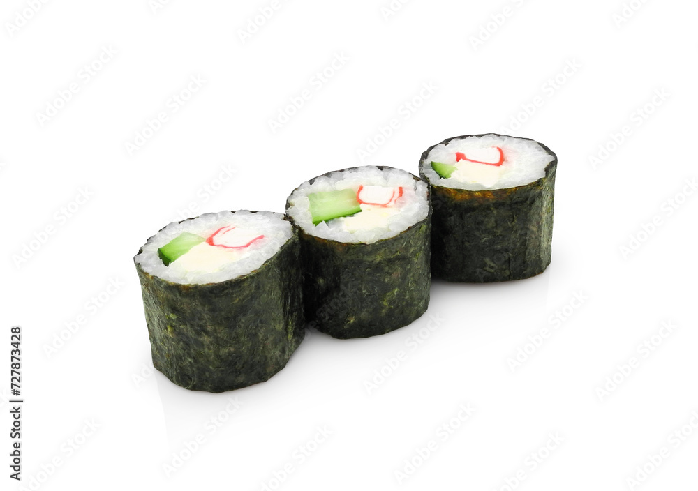 Simple homemade sushi roll, three pieces with cucumber, crab stick and soft cheese, isolated on white background Simple homemade sushi roll, three pieces with cucumber, crab stick and soft cheese, isolated on white background